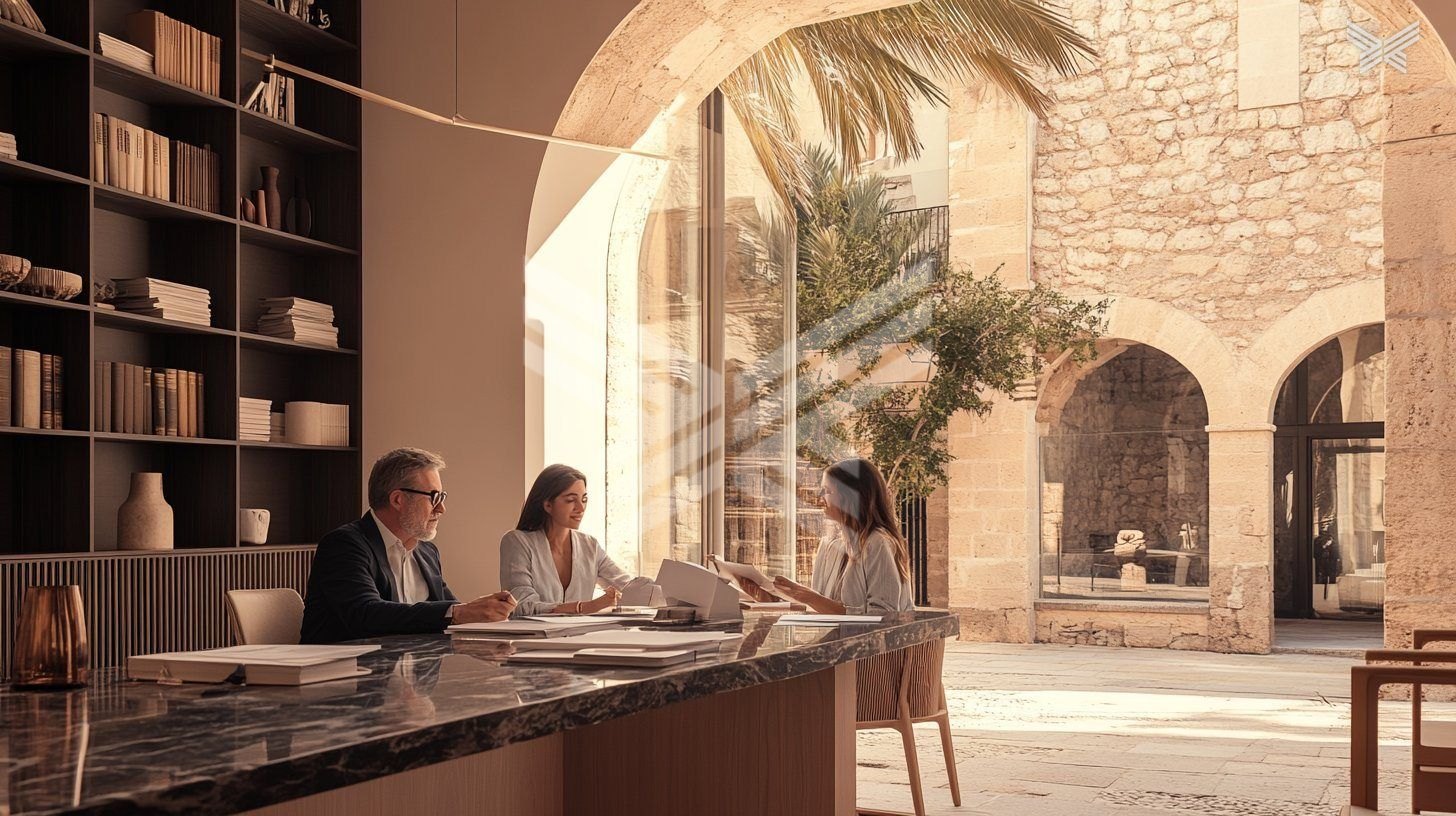 A light, stone-arched studio in Palma with a long table and shelves