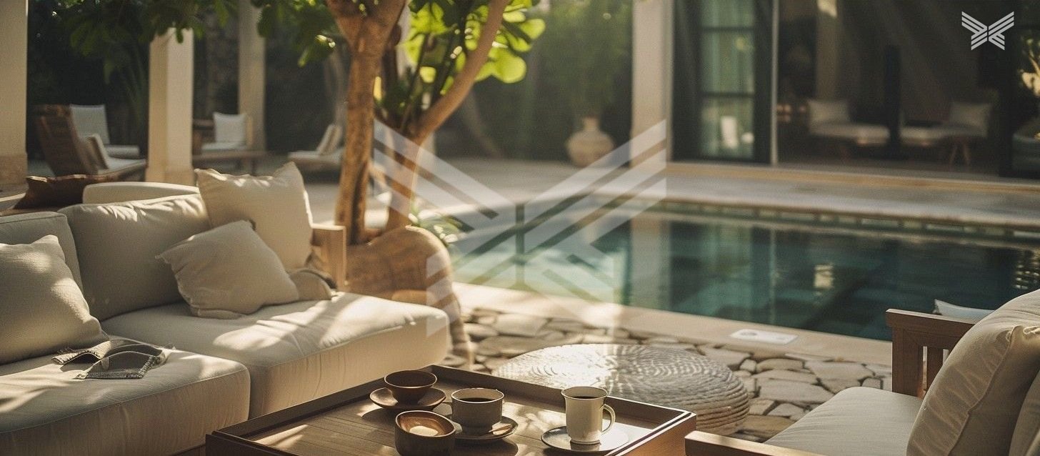 Linen sofas by the pool under an olive tree