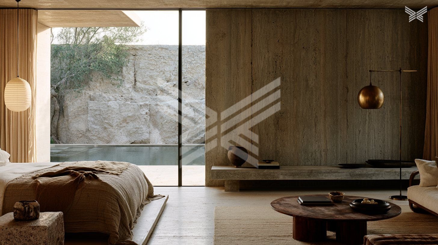 Calm bedroom of raw plaster and timber opening onto a pool before a rock wall