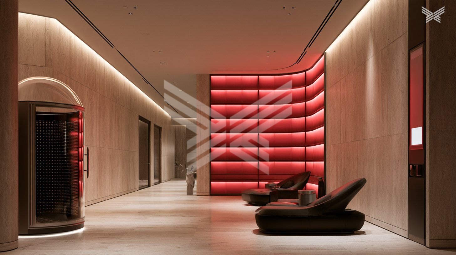 Design spa with a sauna capsule, red light wall and loungers