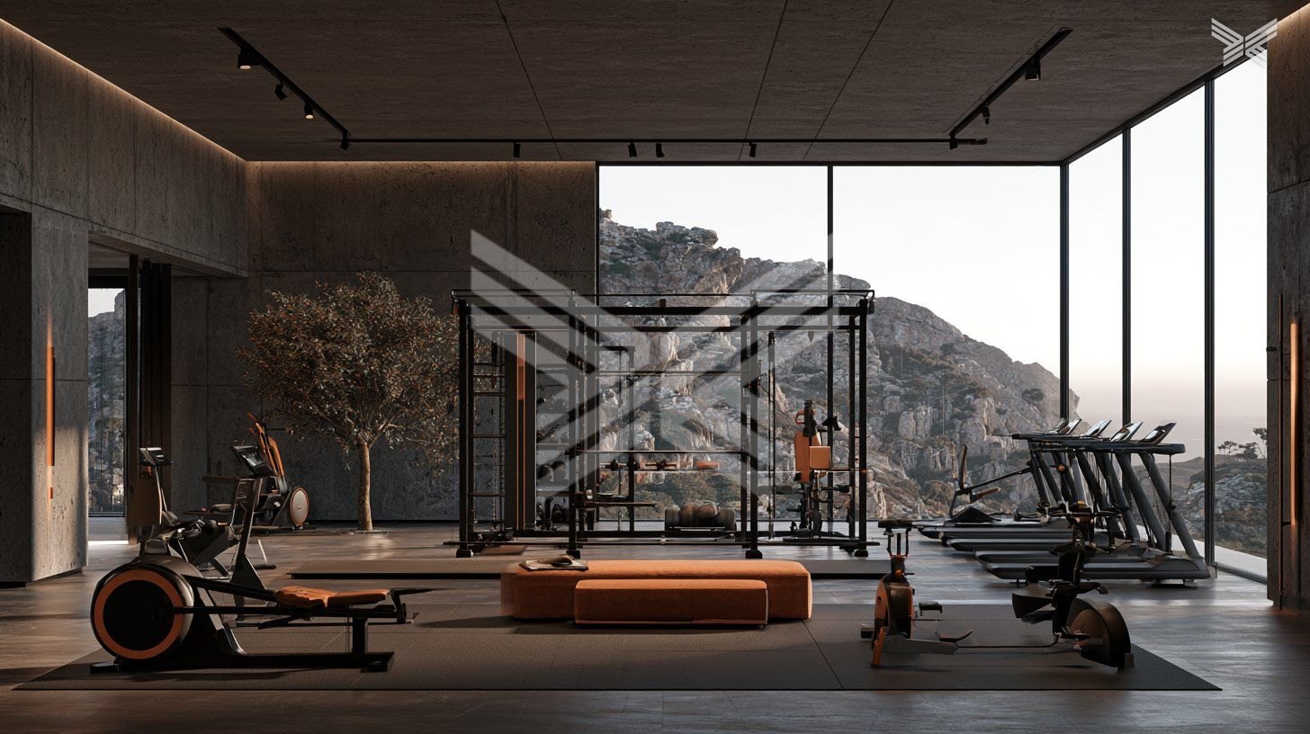 Gym with a glass wall onto the cliffs and the sea
