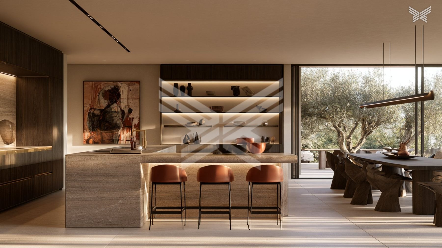 Kitchen with travertine island and cognac leather stools