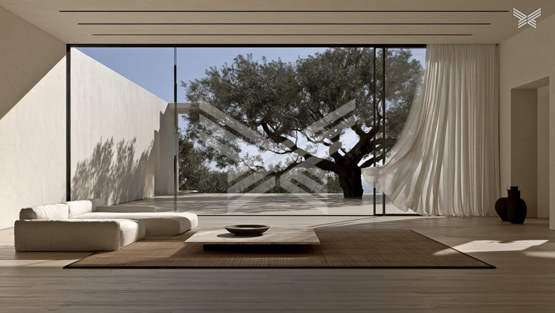 Calm living room with a low linen sofa, travertine table and a wall of glass onto an old olive tree